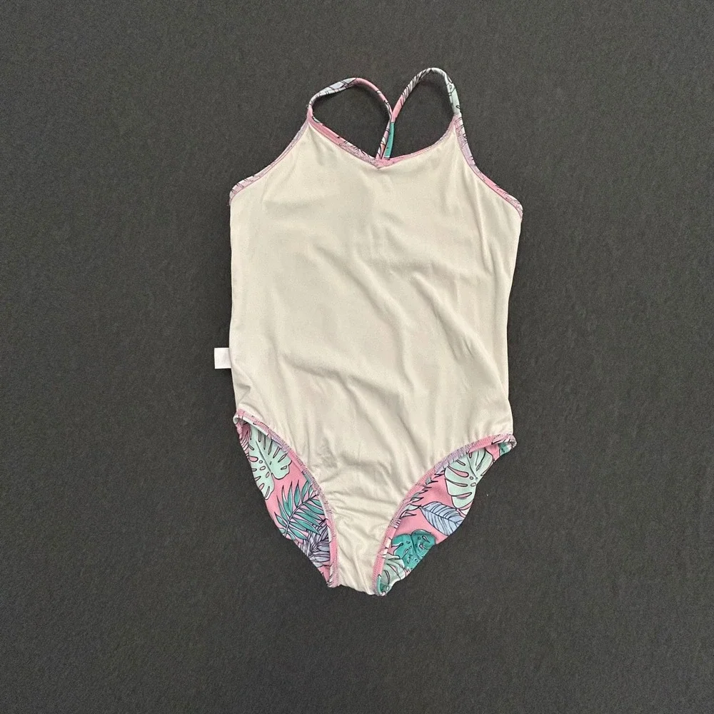 Quince Girls Size 7 One Piece Swimsuit Pink Tropical Leaf Floral Print